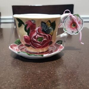 Blue Sky Rose Teacup, Saucer and Spoon Set.